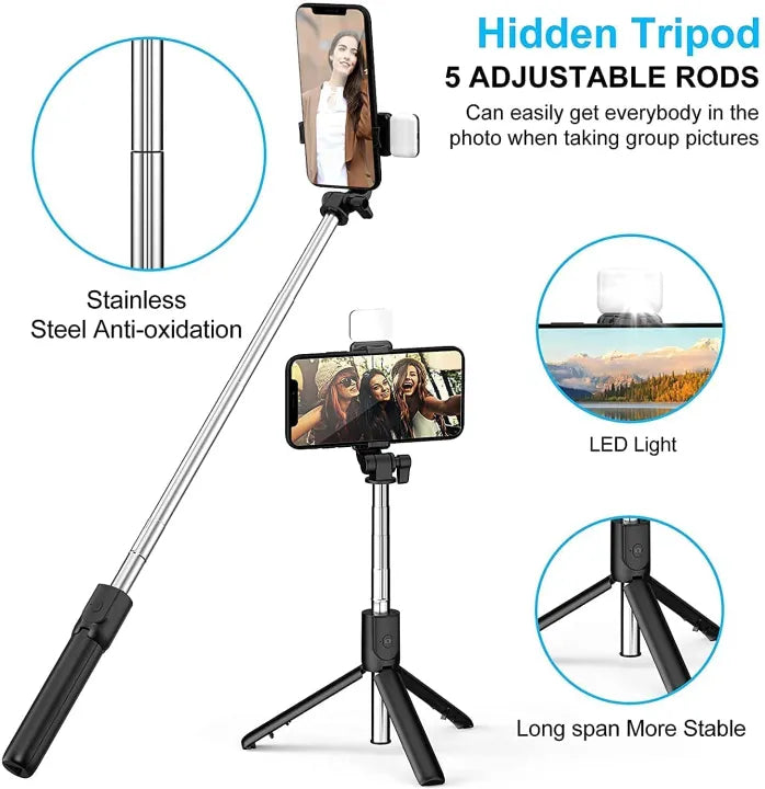 🔥4 in 1 Wireless Selfie Stick🔥( With Light & Bluetooth Shutter Remote )